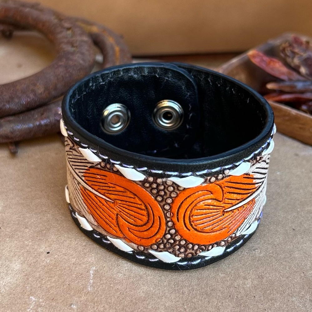 Leather Tooled Cuff Bracelet with Feather Design NWT